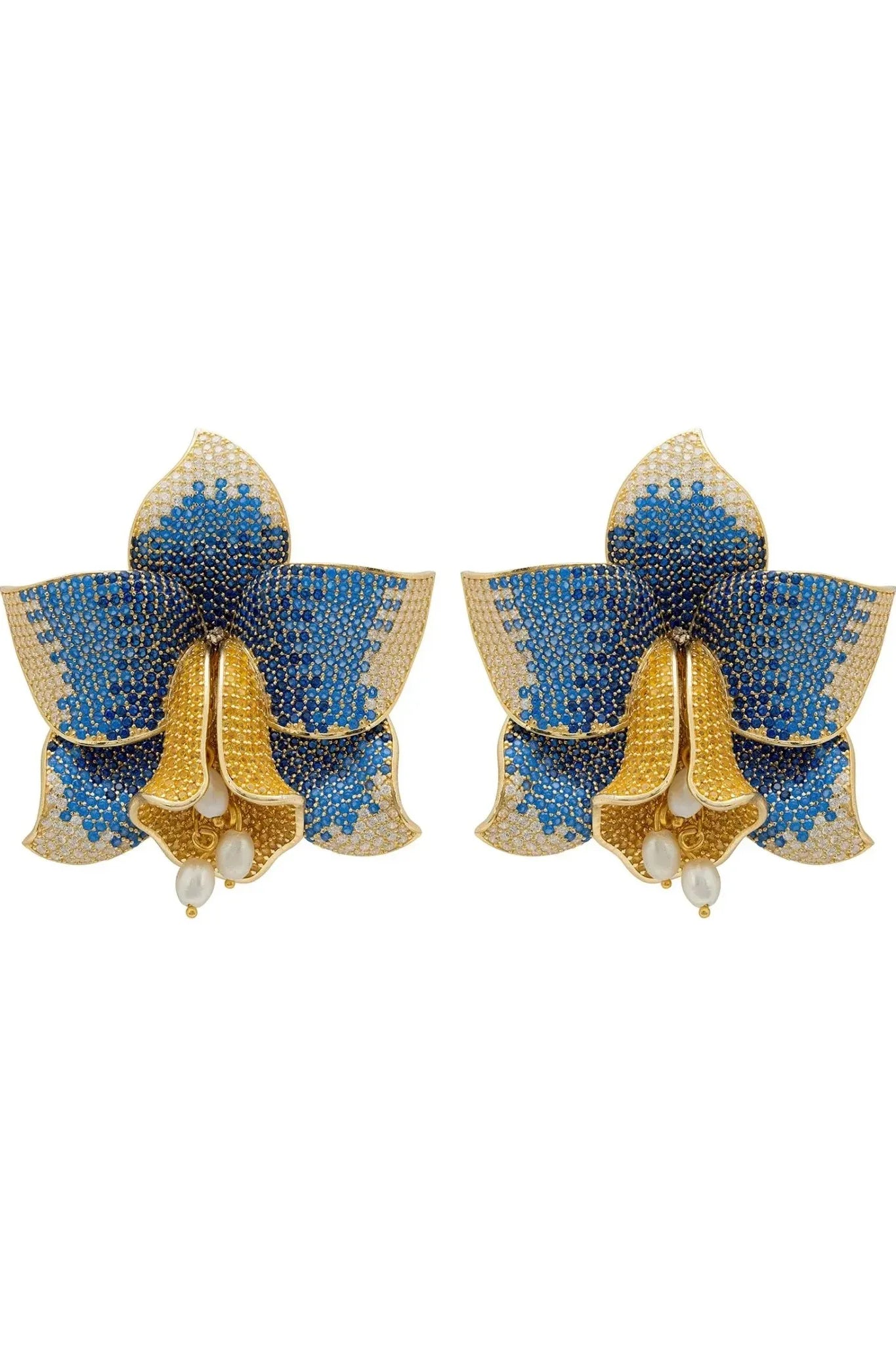 Daffodil With Pearls Earrings Gold Sapphire CZ - LATELITA Earrings