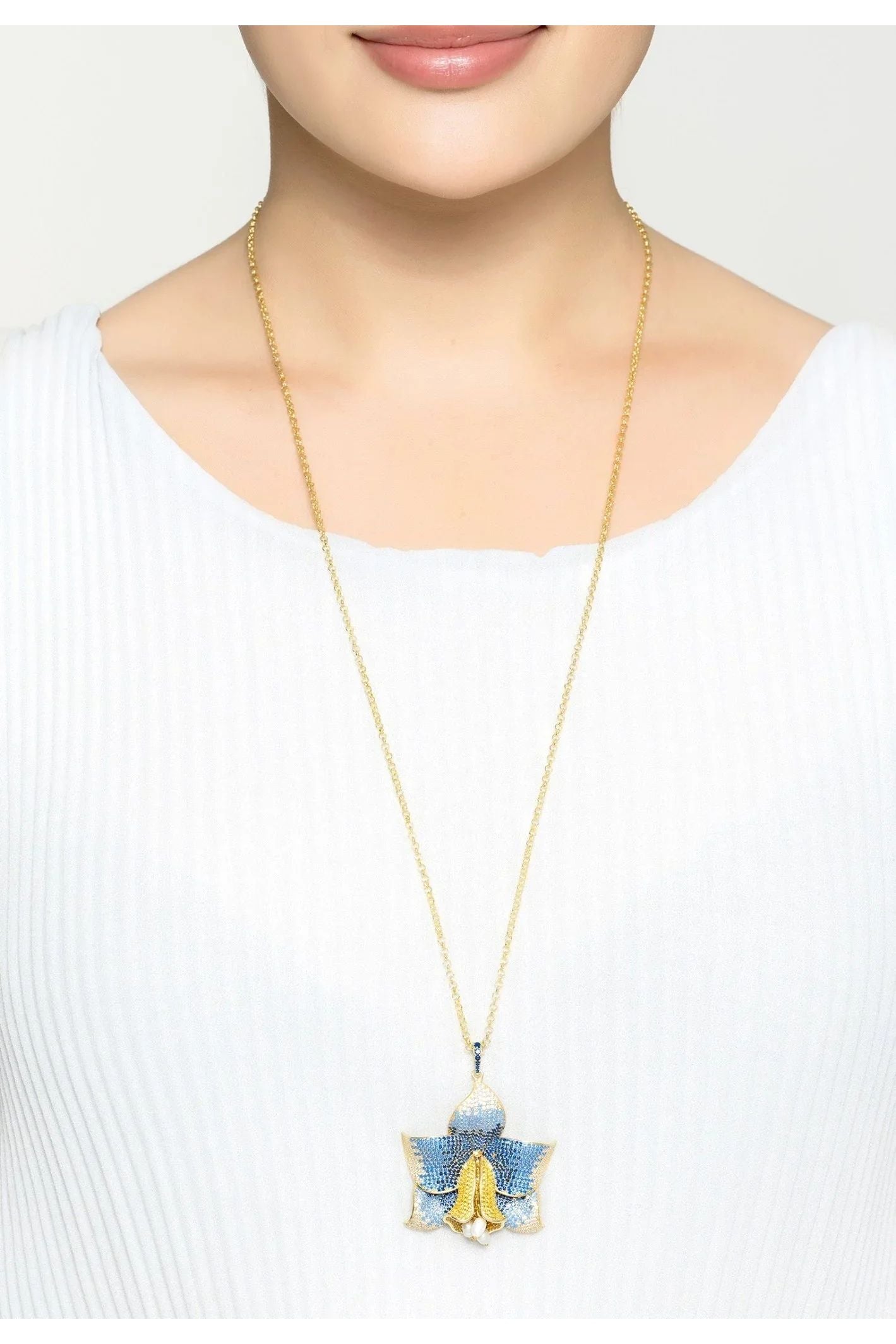 Daffodil With Pearls Pendant Necklace Gold Sapphire CZ - LATELITA Necklaces