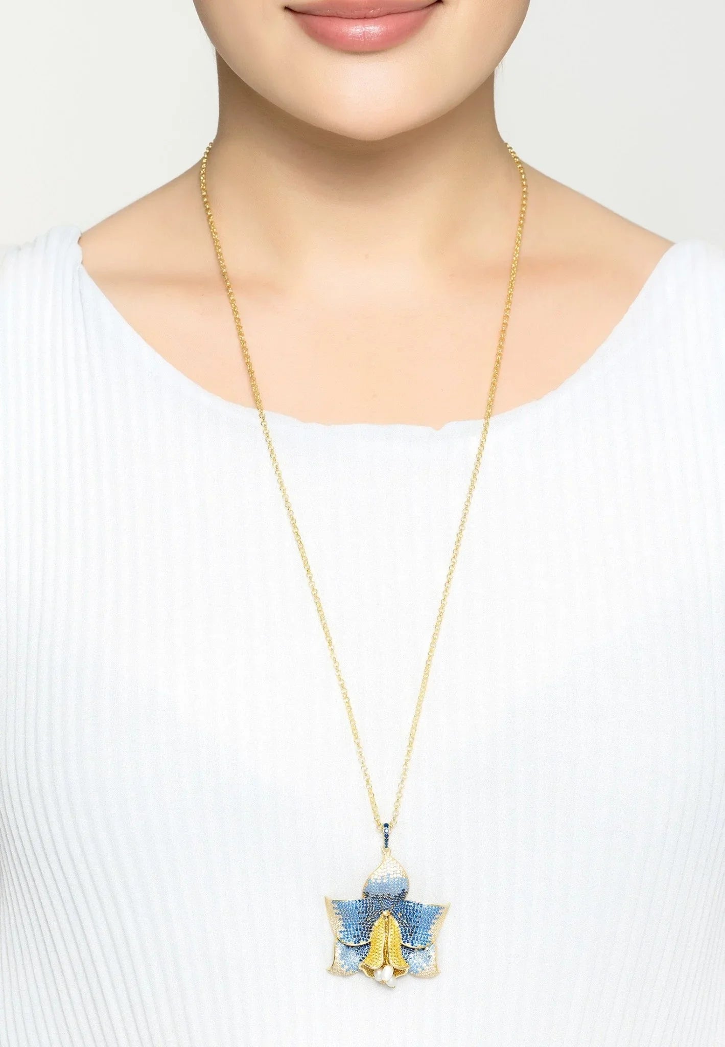 Daffodil With Pearls Pendant Necklace Gold Sapphire CZ - LATELITA Necklaces