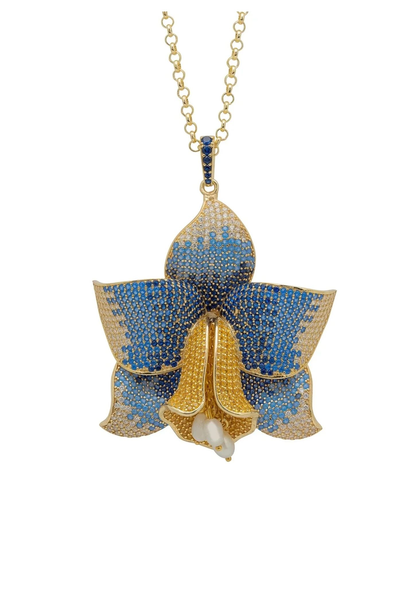 Daffodil With Pearls Pendant Necklace Gold Sapphire CZ - LATELITA Necklaces