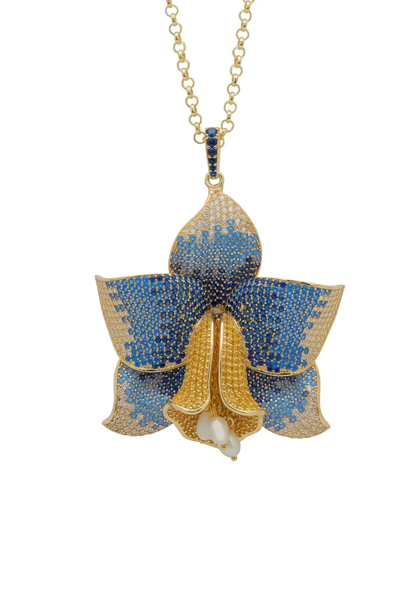 Daffodil With Pearls Pendant Necklace Gold Sapphire CZ - LATELITA Necklaces