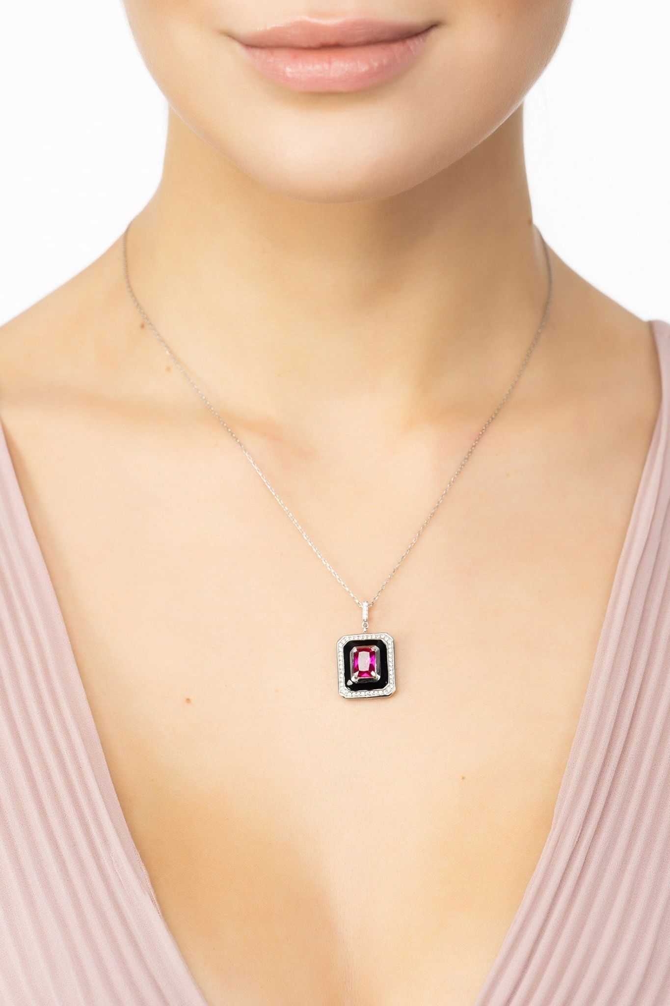 Deco Ruby & Enamel Necklace Silver - LATELITA Necklaces