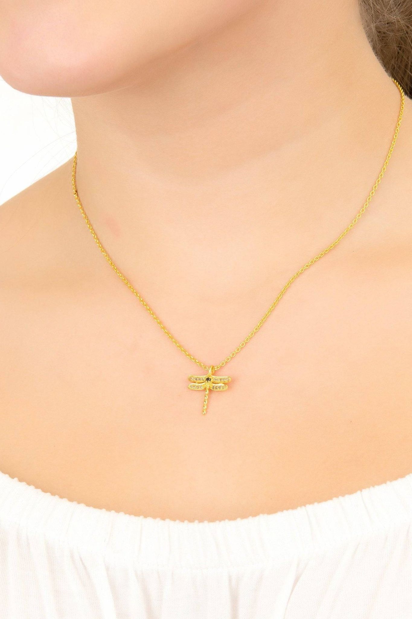 Diamond & Emerald Dragonfly Necklace Gold - LATELITA Necklaces