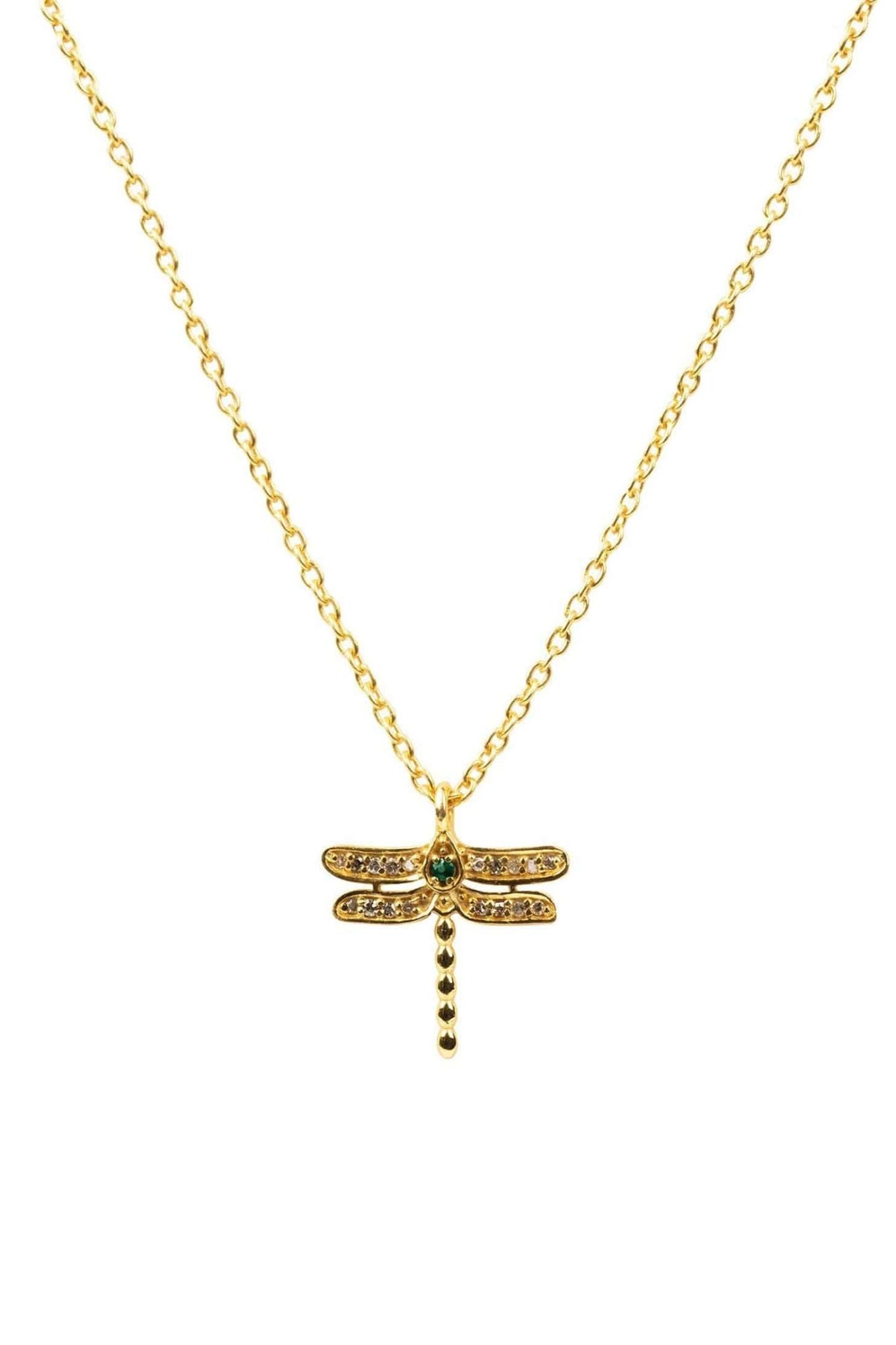 Diamond & Emerald Dragonfly Necklace Gold - LATELITA Necklaces