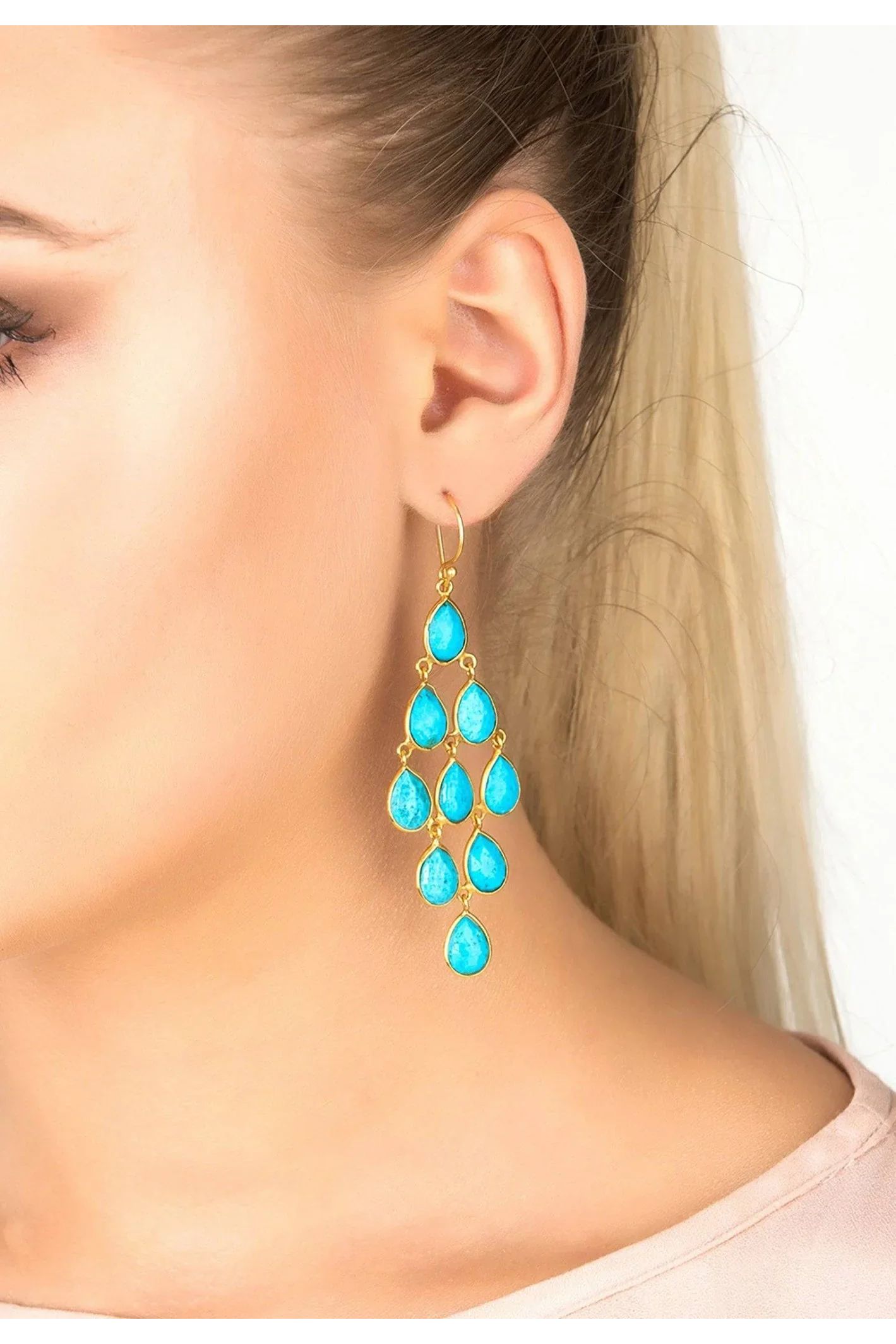 Erviola Gemstone Cascade Earrings Gold Turquoise - LATELITA Earrings