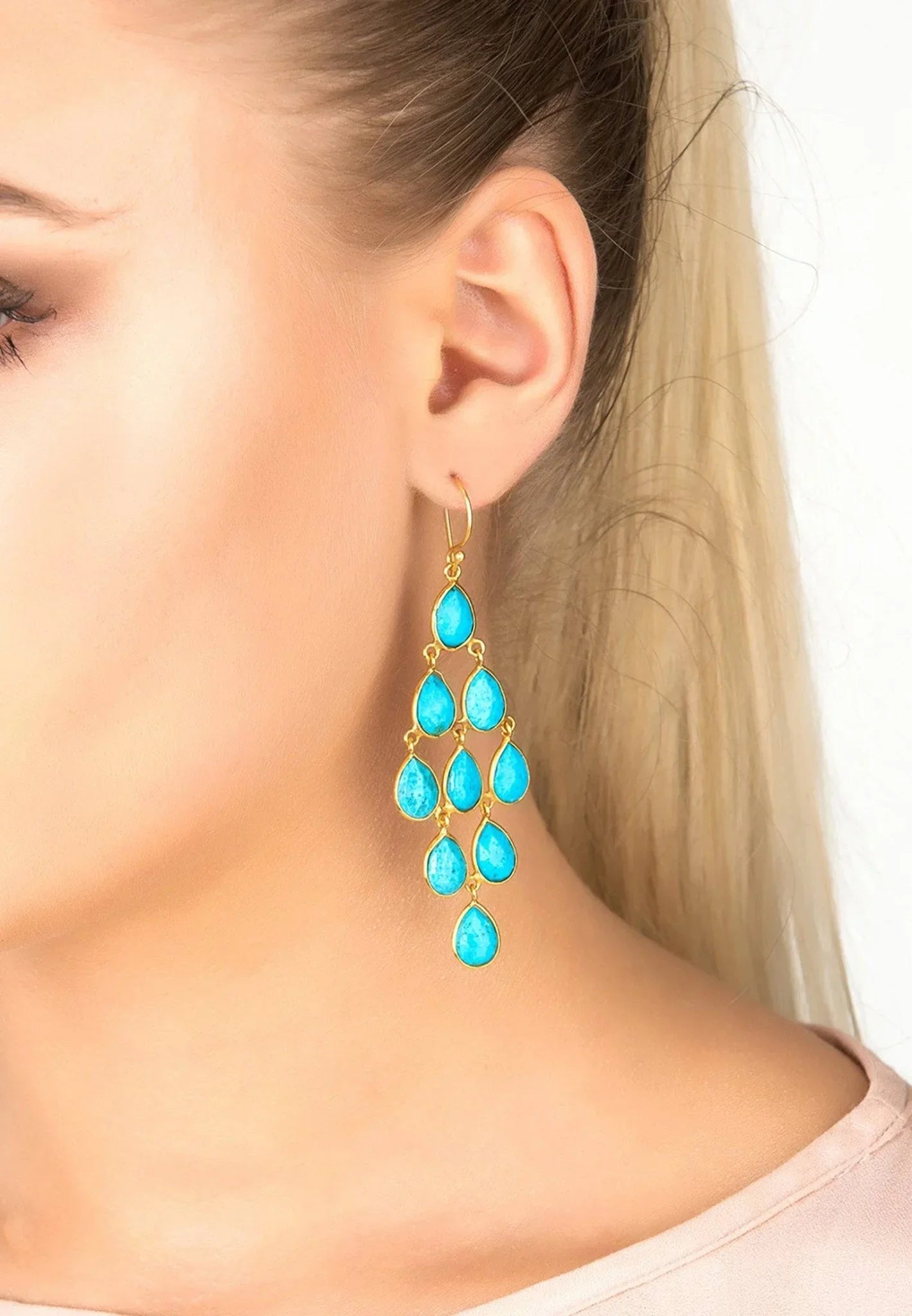 Erviola Gemstone Cascade Earrings Gold Turquoise - LATELITA Earrings