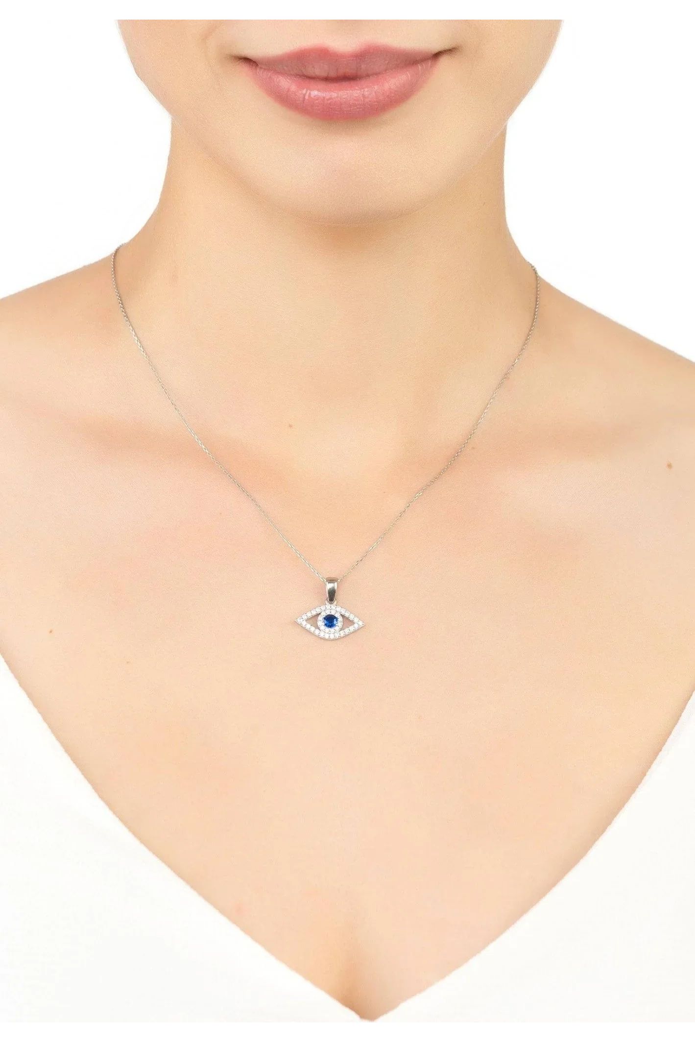 Evil Eye Elliptical Necklace Blue Silver - LATELITA Necklaces