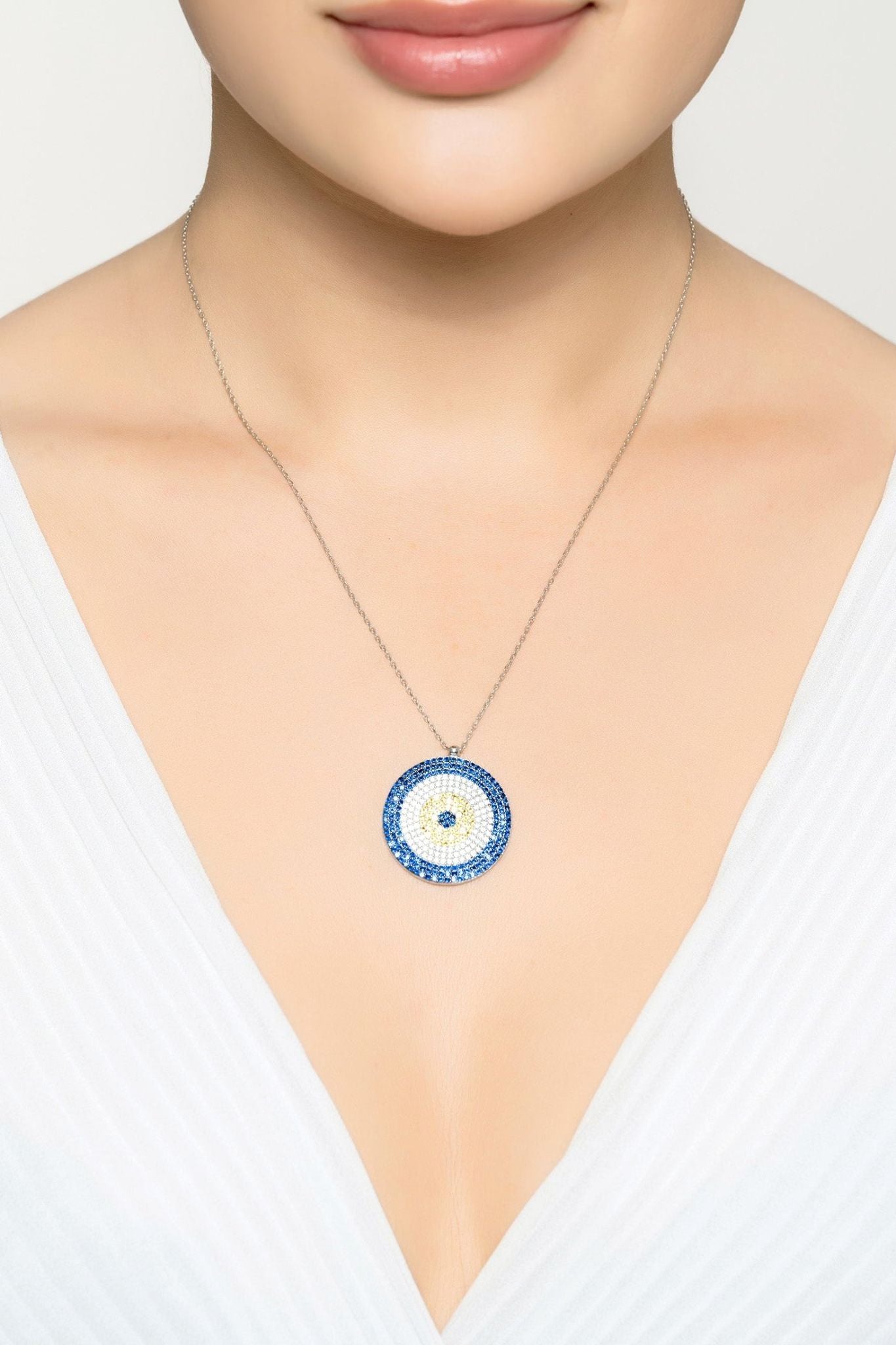 Evil Eye Pendant Necklace Large Blue Silver - LATELITA Necklaces