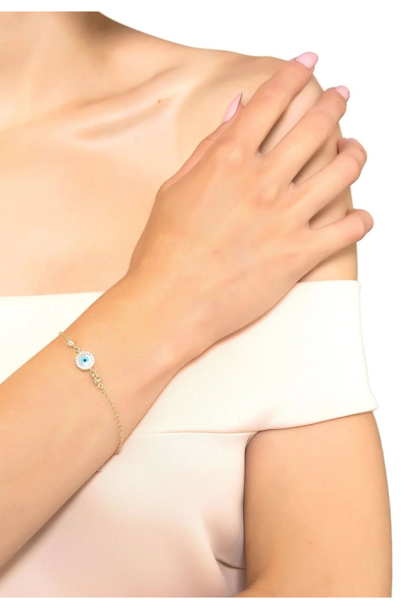 Evil Eye Round Mother Of Pearl Gemstone Bracelet Gold - LATELITA Bracelets