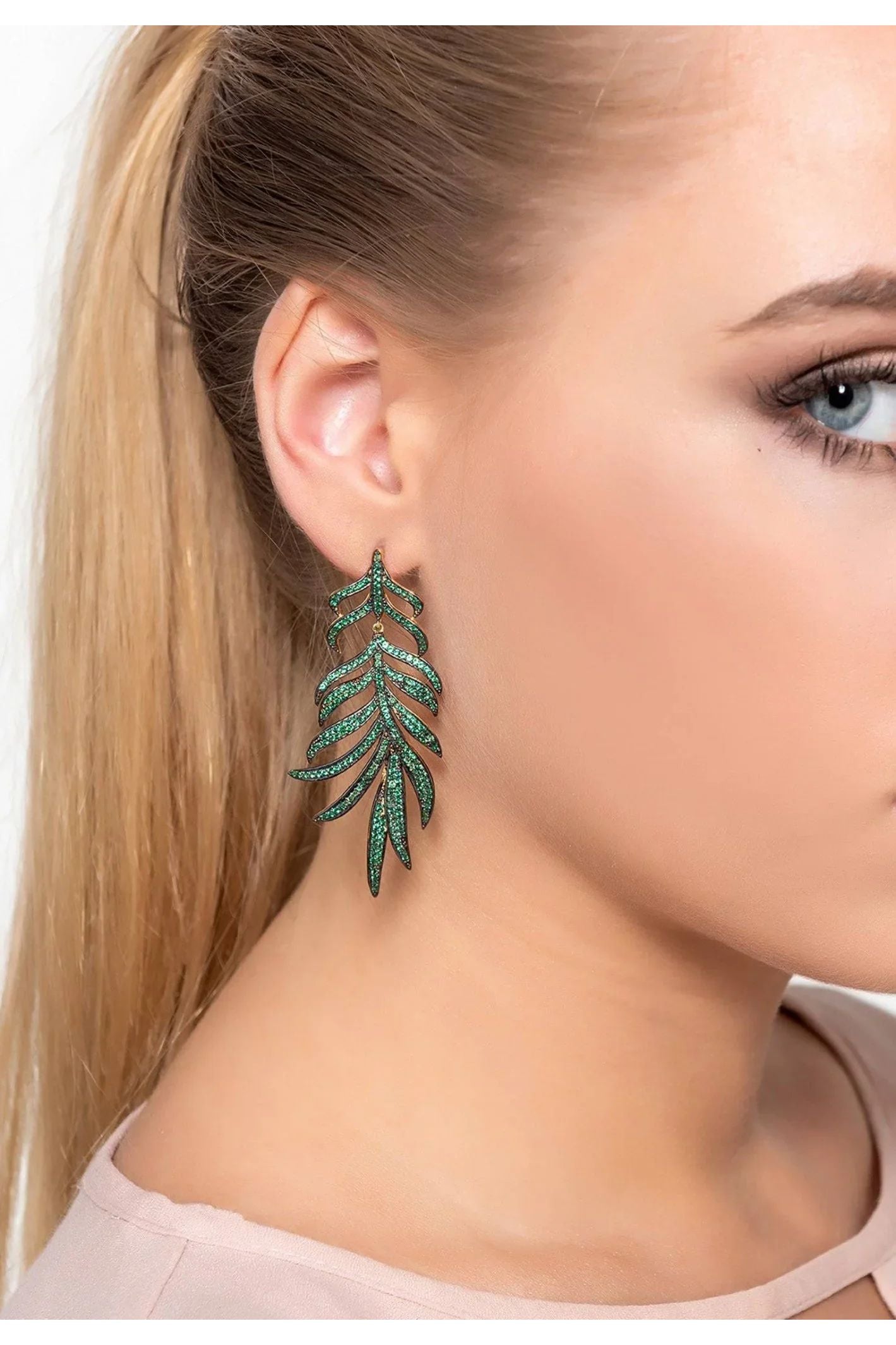 Feathered Leaf Statement Drop Earrings Green Cz - LATELITA Earrings