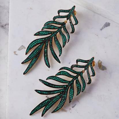 Feathered Leaf Statement Drop Earrings Green Cz - LATELITA Earrings