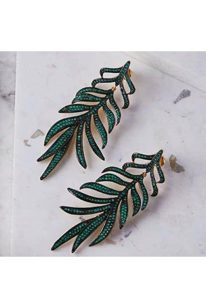 Feathered Leaf Statement Drop Earrings Green Cz - LATELITA Earrings