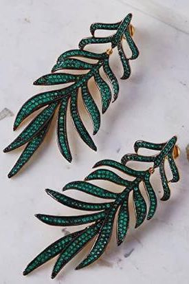 Feathered Leaf Statement Drop Earrings Green Cz - LATELITA Earrings
