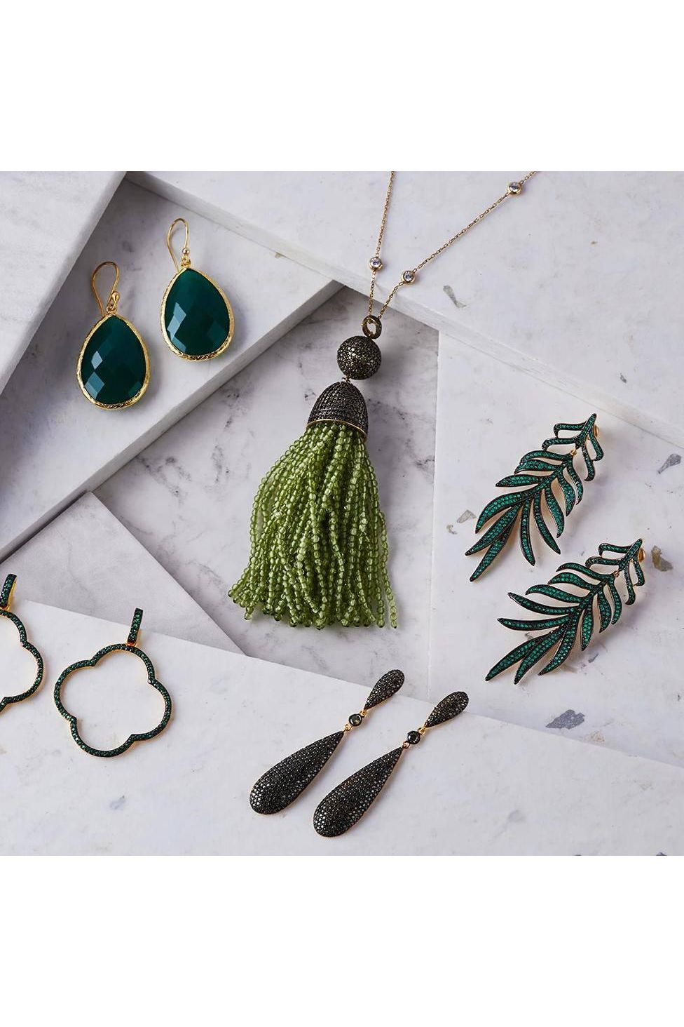 Feathered Leaf Statement Drop Earrings Green Cz - LATELITA Earrings