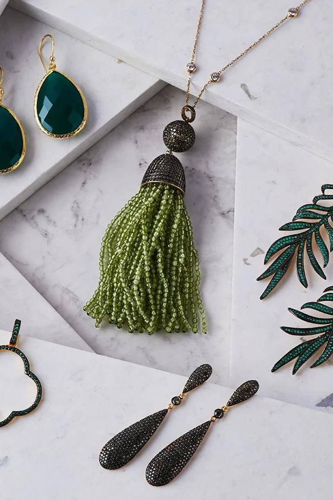 Feathered Leaf Statement Drop Earrings Green Cz - LATELITA Earrings