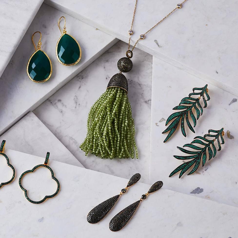 Feathered Leaf Statement Drop Earrings Green Cz - LATELITA Earrings