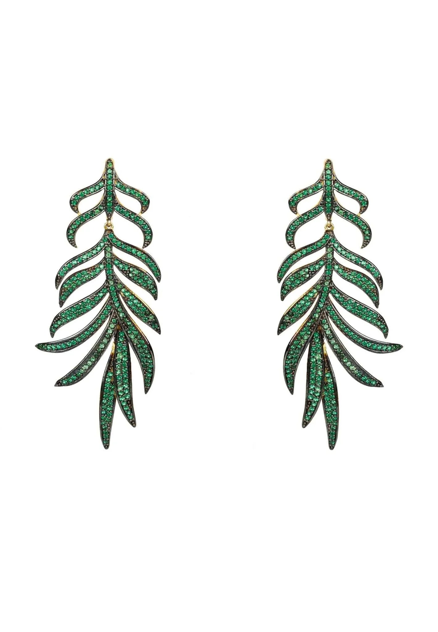 Feathered Leaf Statement Drop Earrings Green Cz - LATELITA Earrings