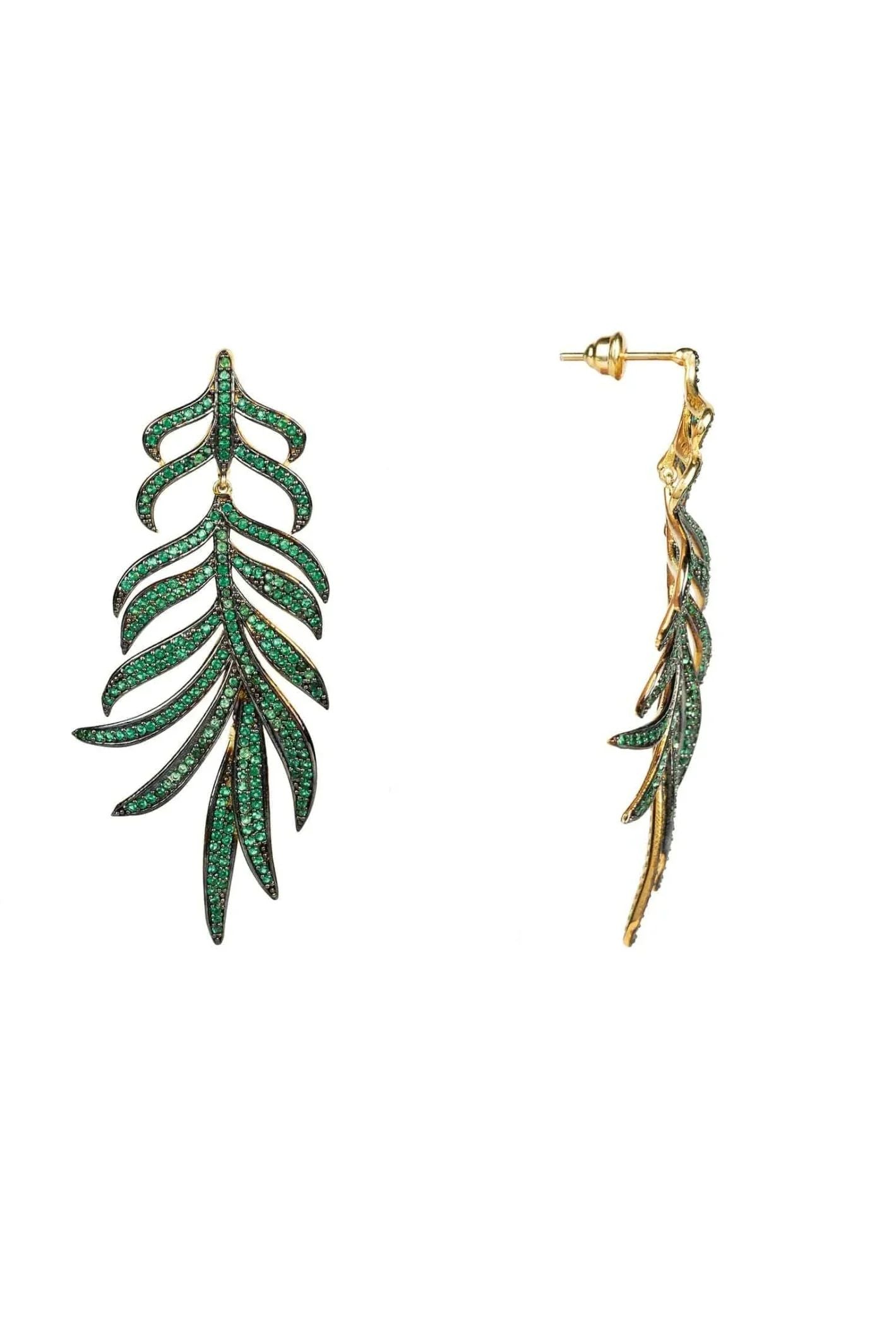 Feathered Leaf Statement Drop Earrings Green Cz - LATELITA Earrings