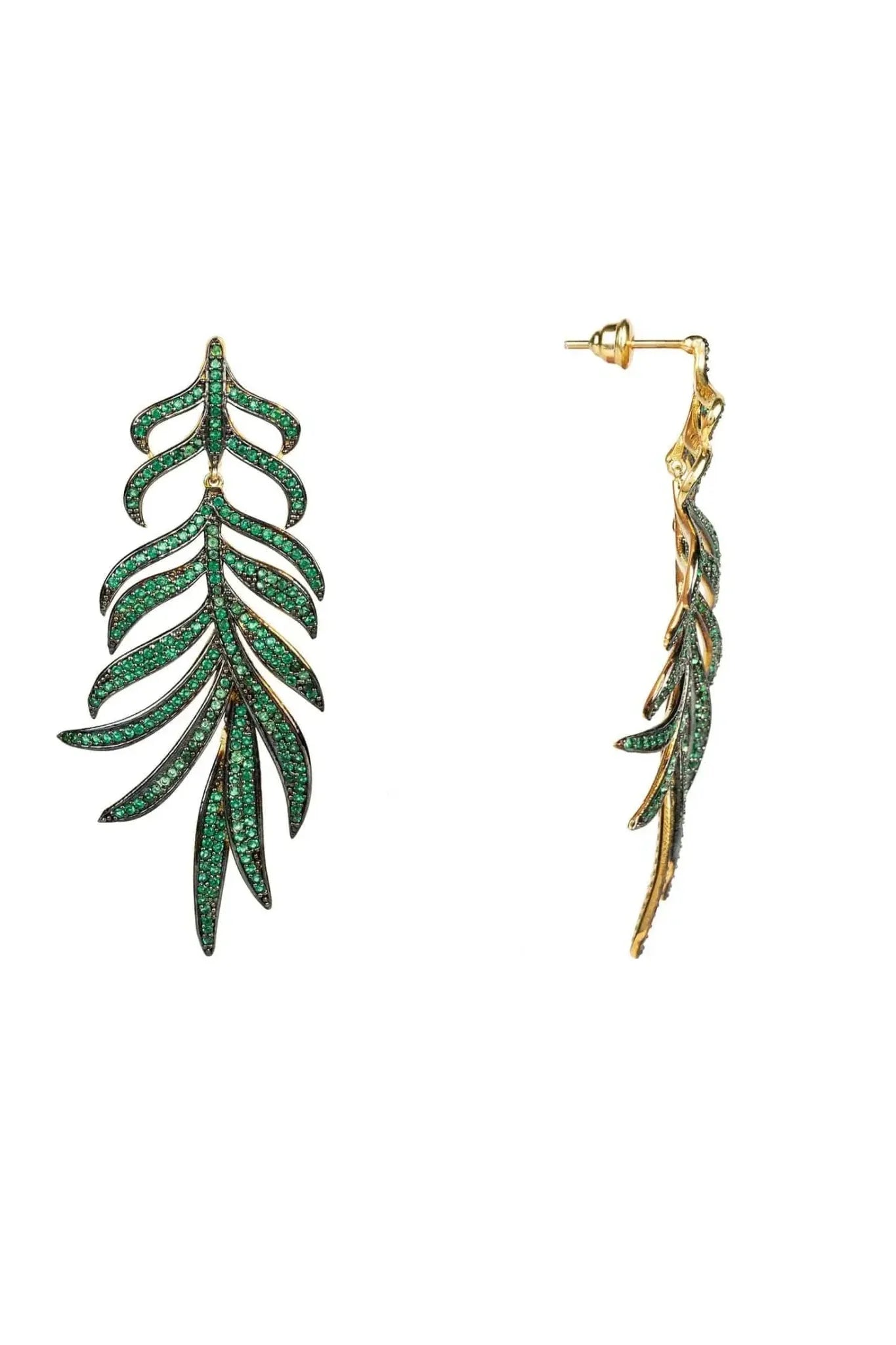 Feathered Leaf Statement Drop Earrings Green Cz - LATELITA Earrings