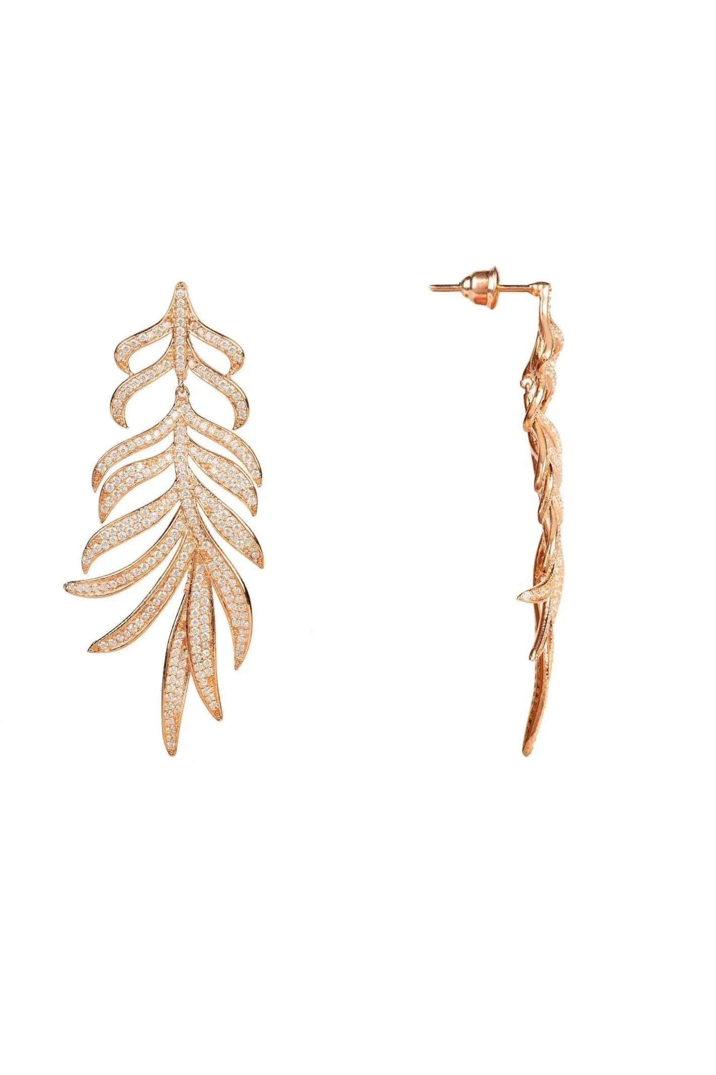 Feathered Leaf Statement Drop Earrings Rosegold - LATELITA Earrings
