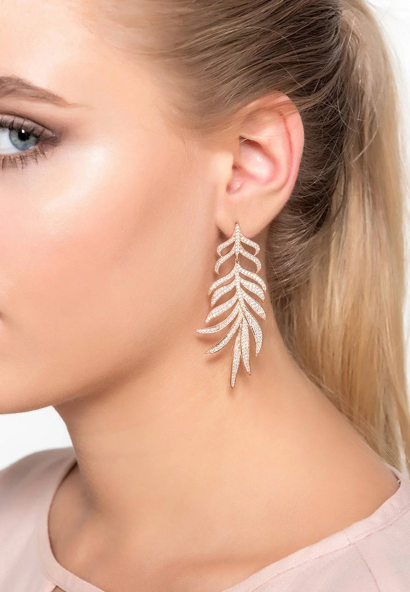 Feathered Leaf Statement Drop Earrings Rosegold - LATELITA Earrings