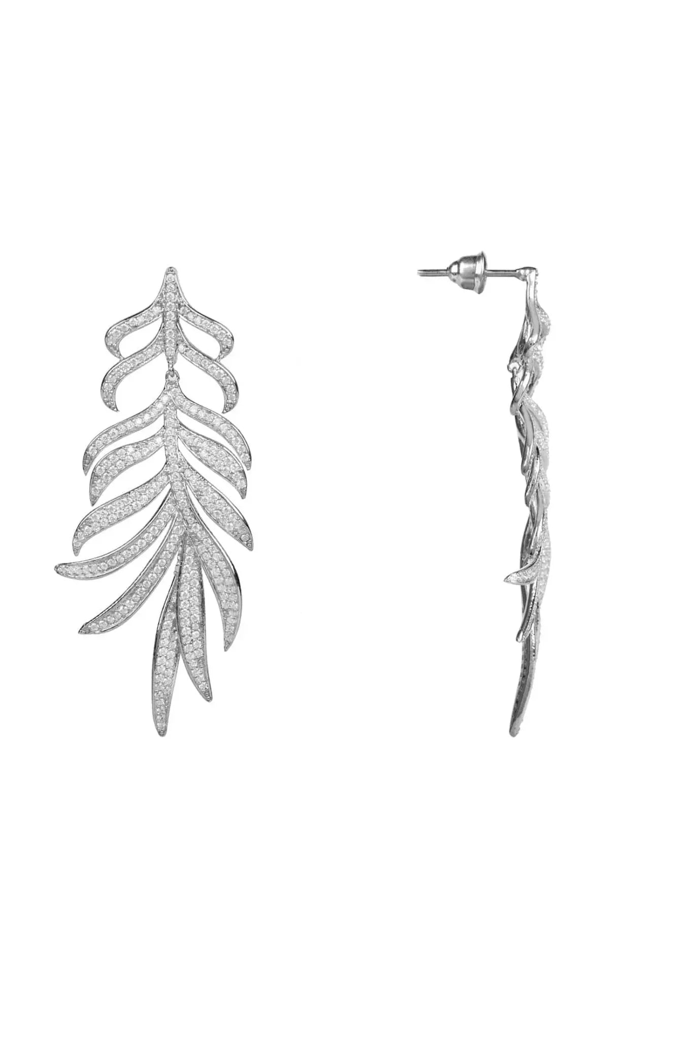 Feathered Leaf Statement Drop Earrings Silver - LATELITA Earrings