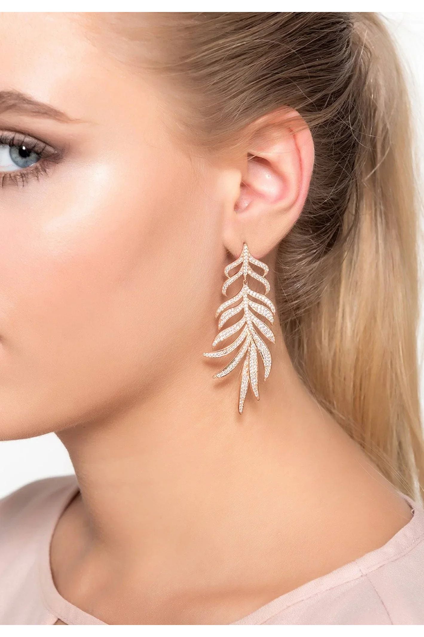 Feathered Leaf Statement Drop Earrings Silver - LATELITA Earrings