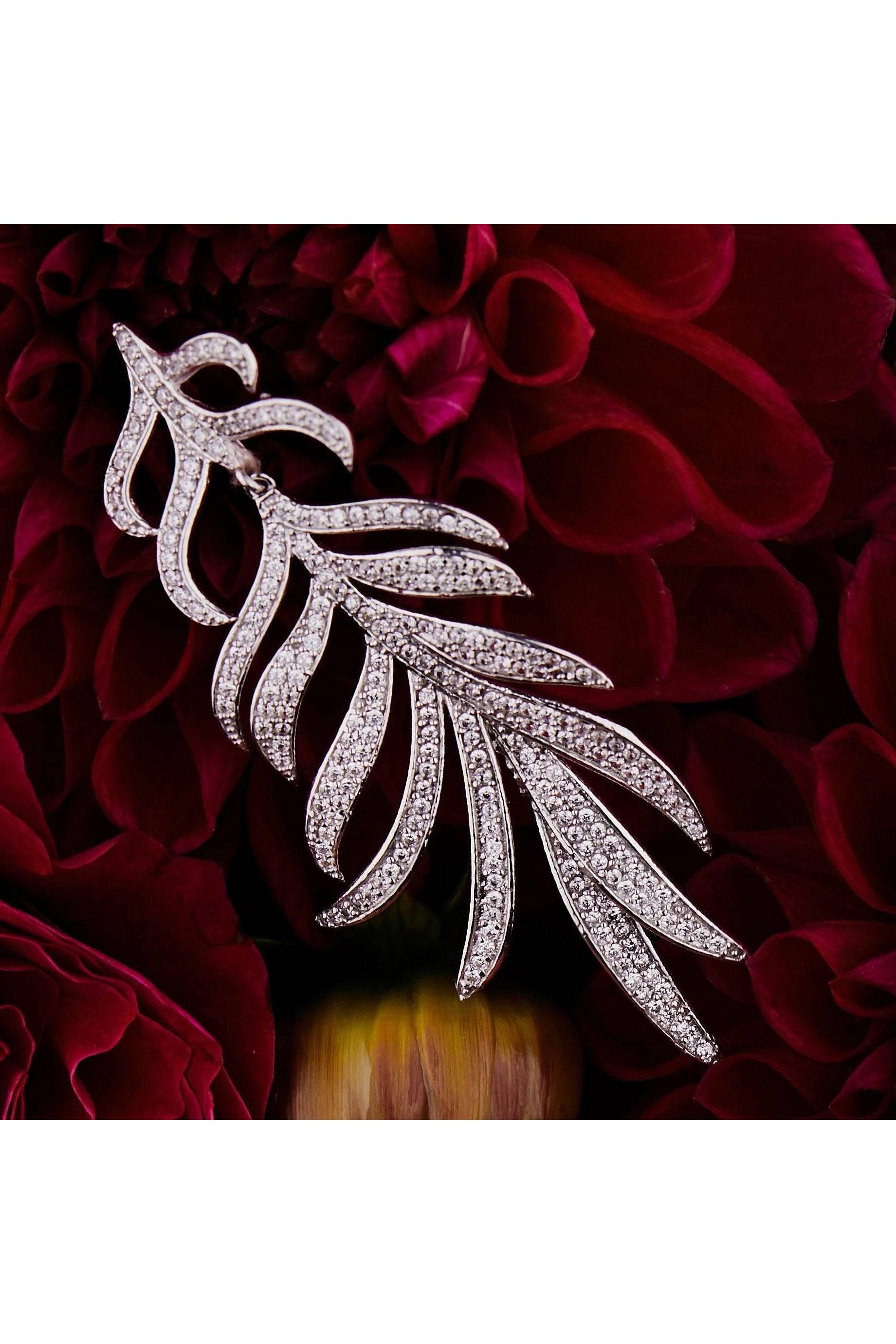 Feathered Leaf Statement Drop Earrings Silver - LATELITA Earrings