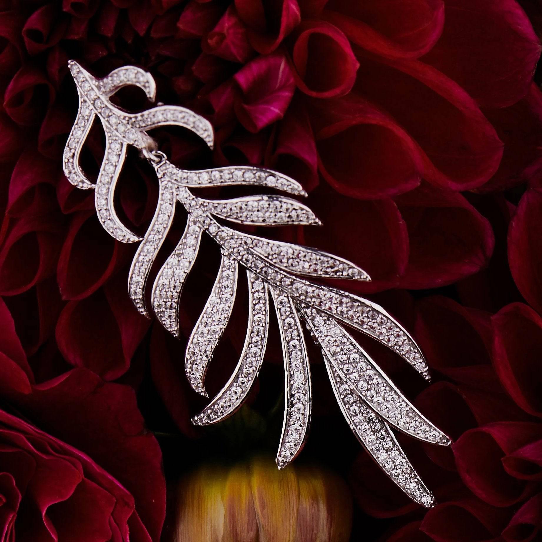 Feathered Leaf Statement Drop Earrings Silver - LATELITA Earrings