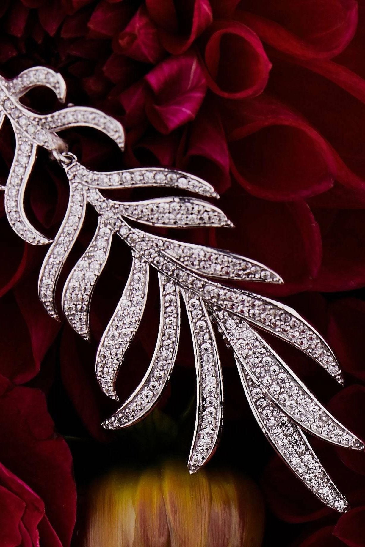 Feathered Leaf Statement Drop Earrings Silver - LATELITA Earrings