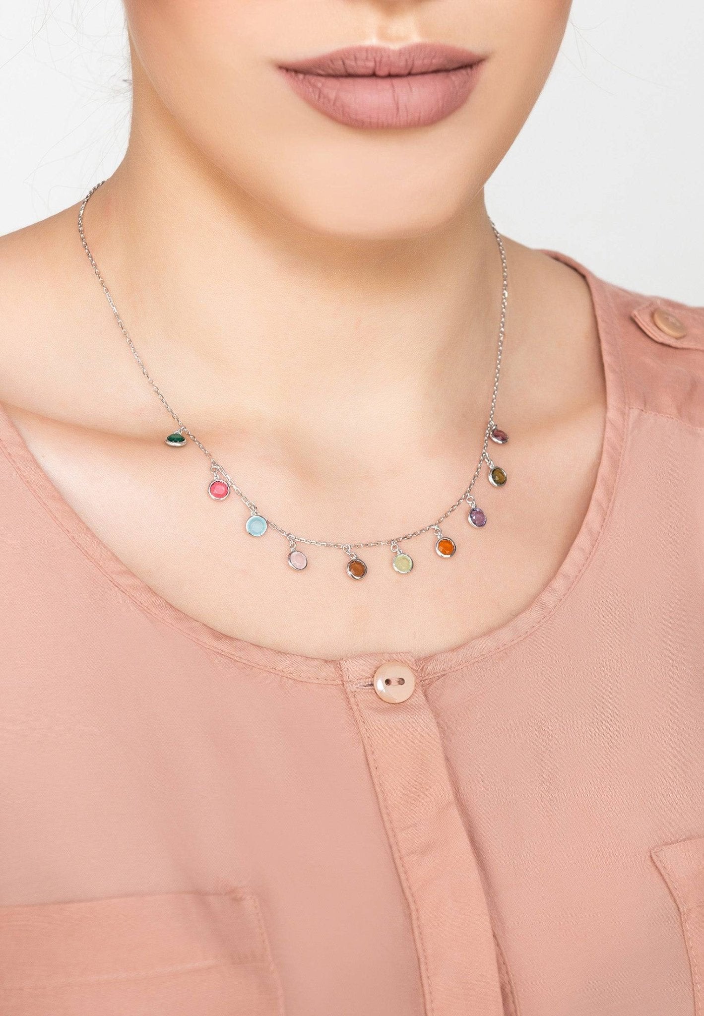 Florence Multi Coloured Gemstone Necklace Silver - LATELITA Necklaces