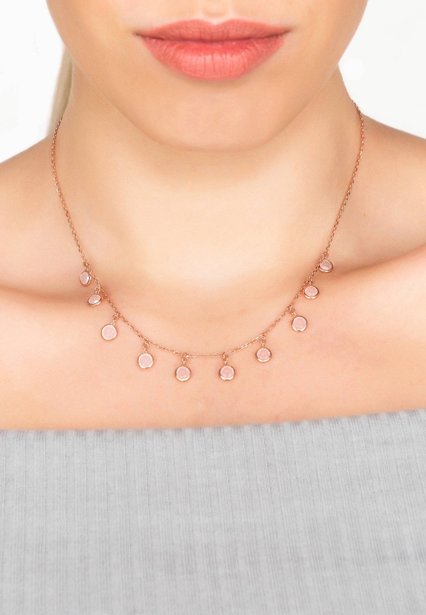 Florence Round Gemstone Necklace Rosegold Rose Quartz - LATELITA Necklaces