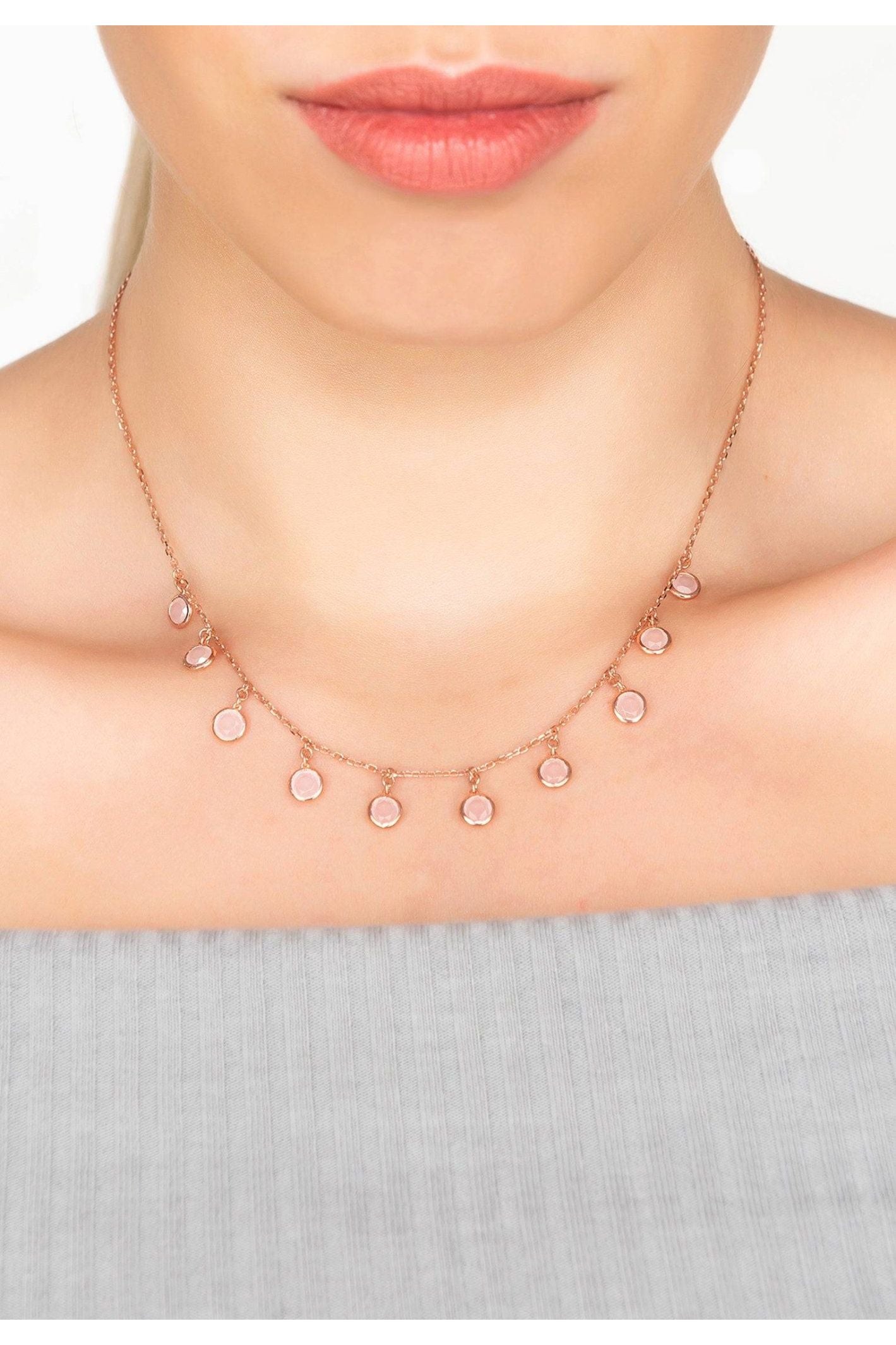 Florence Round Gemstone Necklace Rosegold Rose Quartz - LATELITA Necklaces