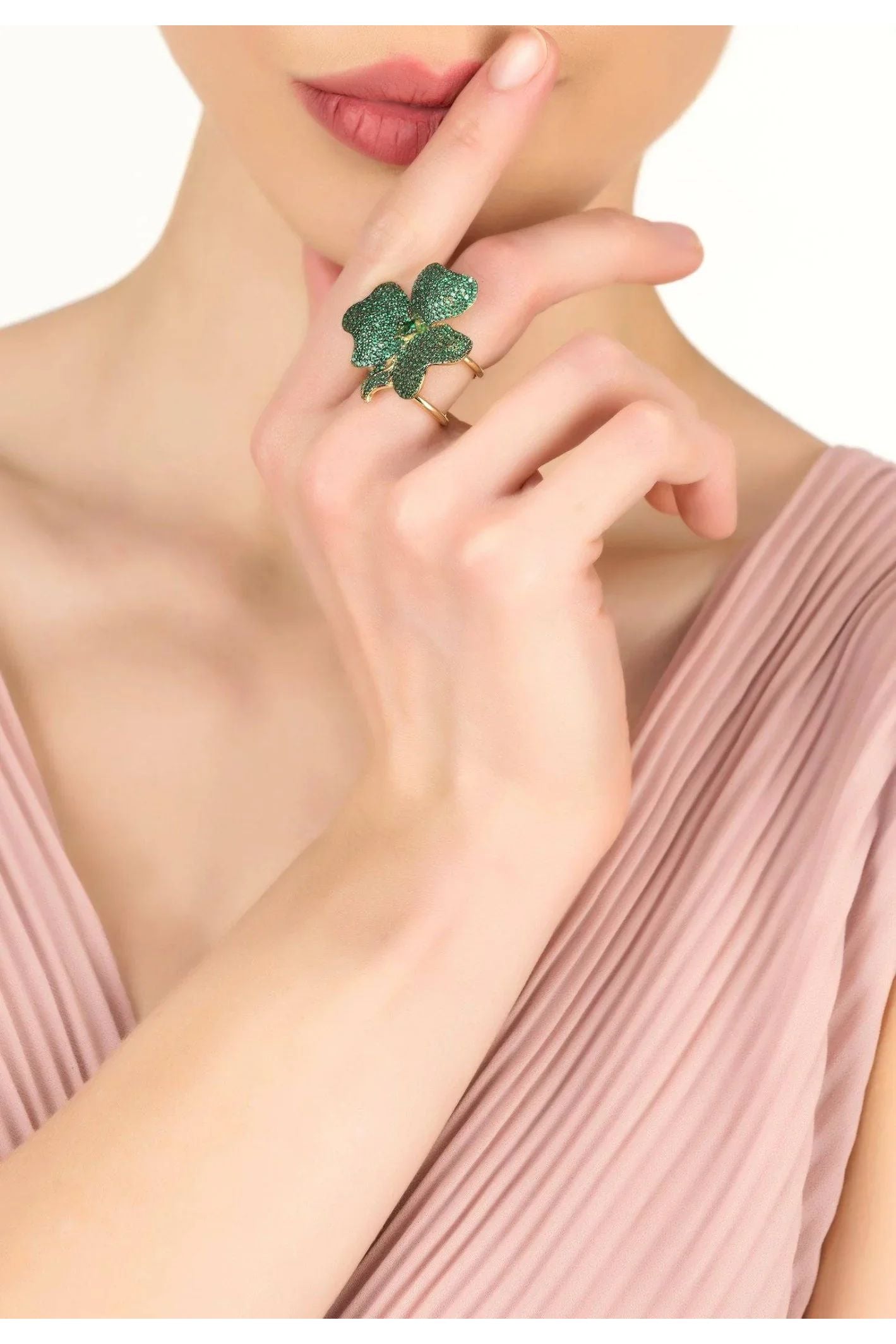 Flower Cocktail Ring Gold Emerald Green - LATELITA Rings