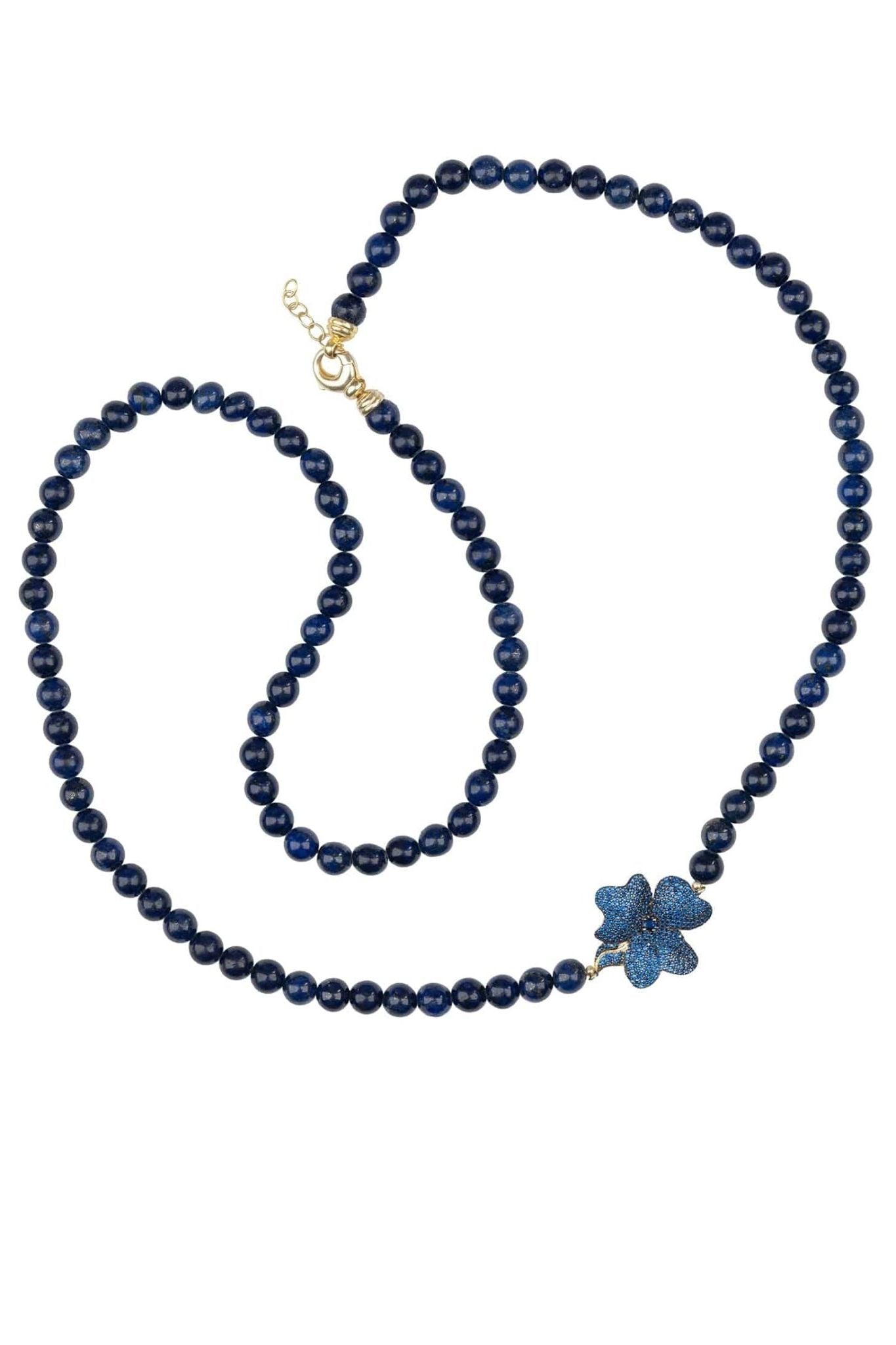 Flower Lapis Lazuli Gemstone Long Necklace Gold - LATELITA Necklaces
