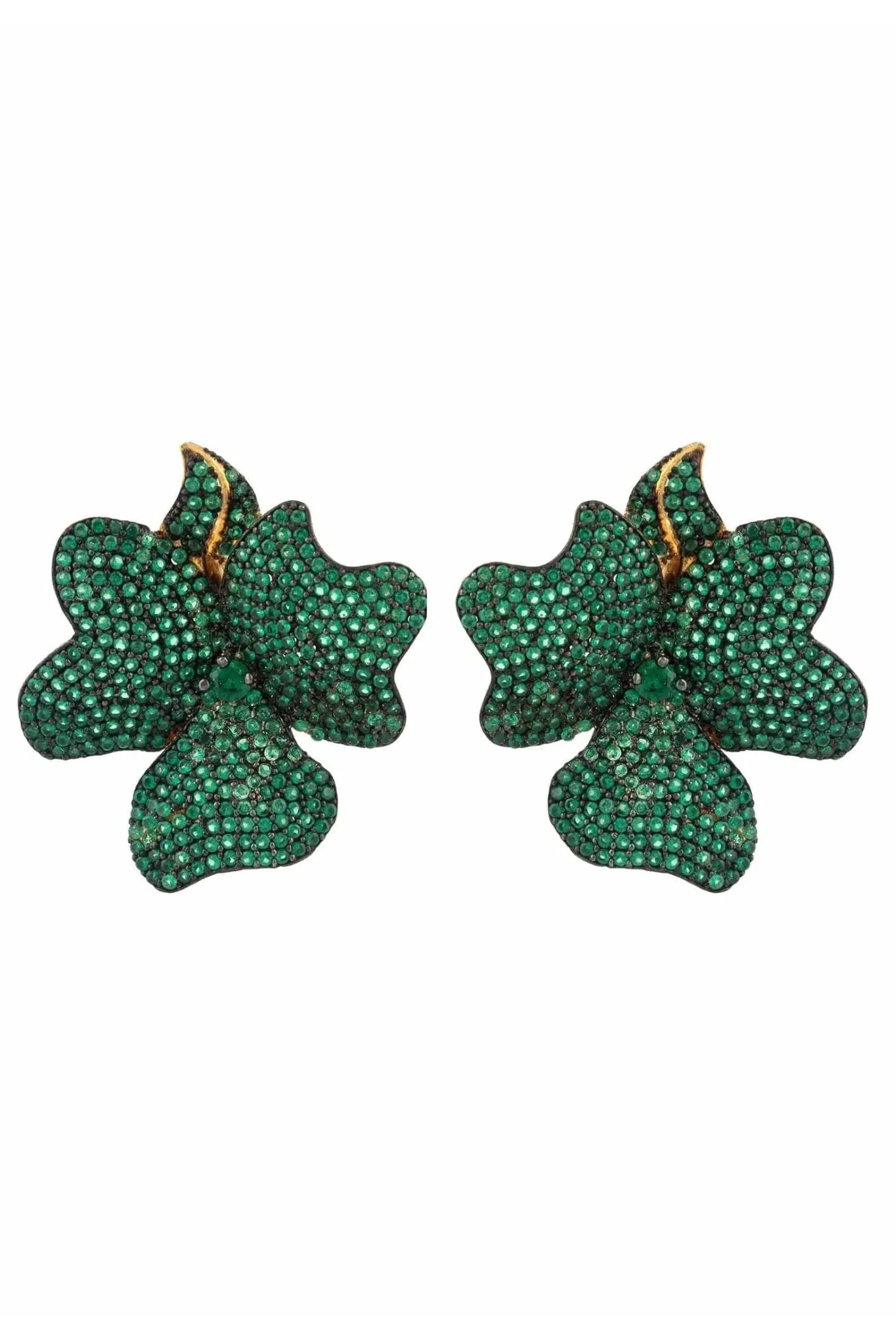 Flower Large Stud Earrings Gold Emerald Green - LATELITA Earrings