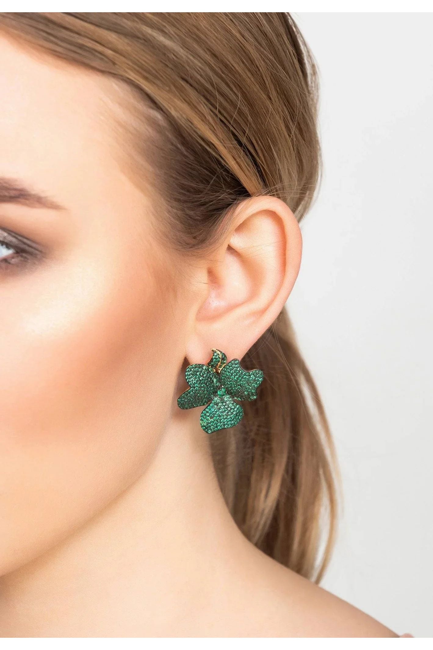 Flower Large Stud Earrings Gold Emerald Green - LATELITA Earrings