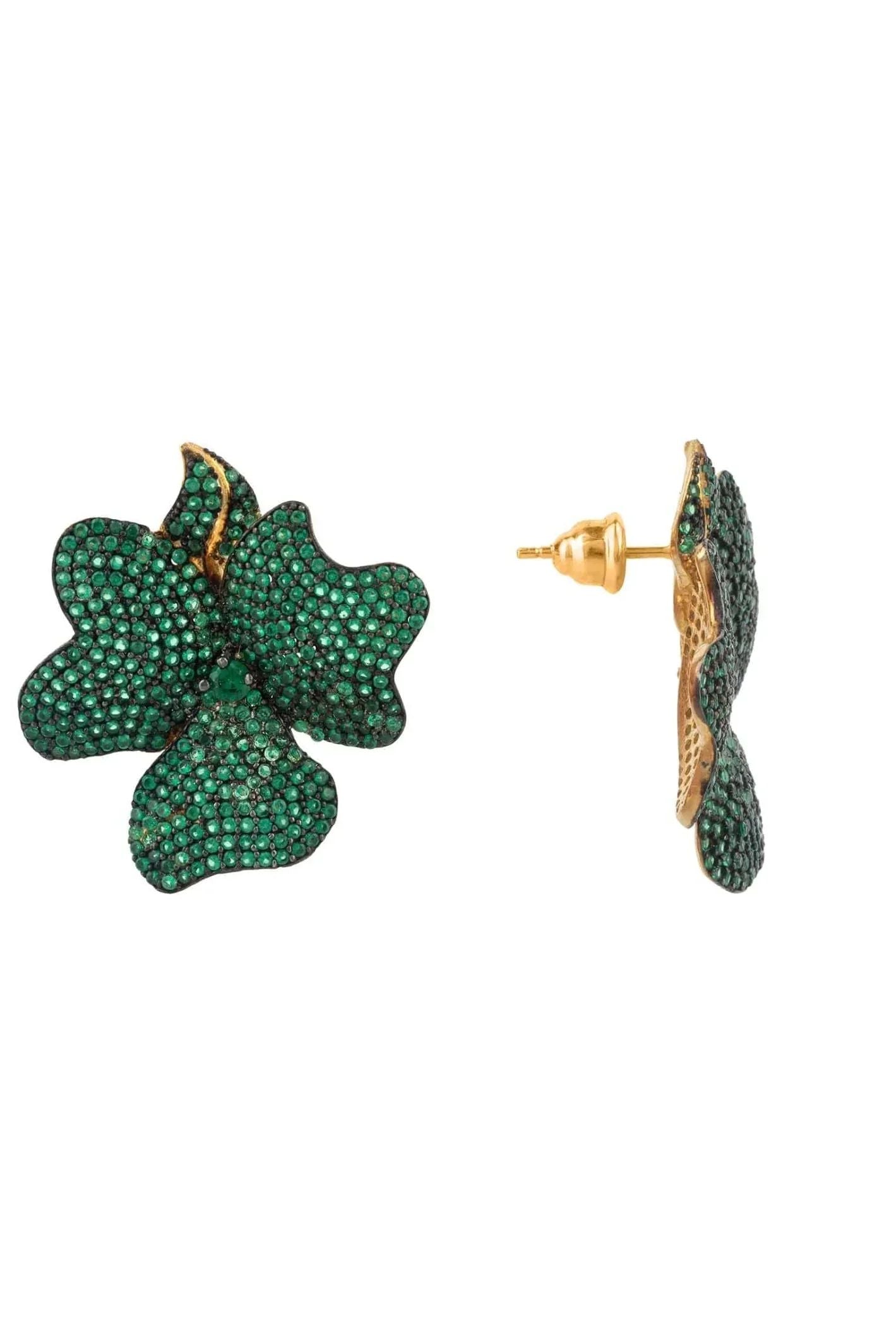 Flower Large Stud Earrings Gold Emerald Green - LATELITA Earrings