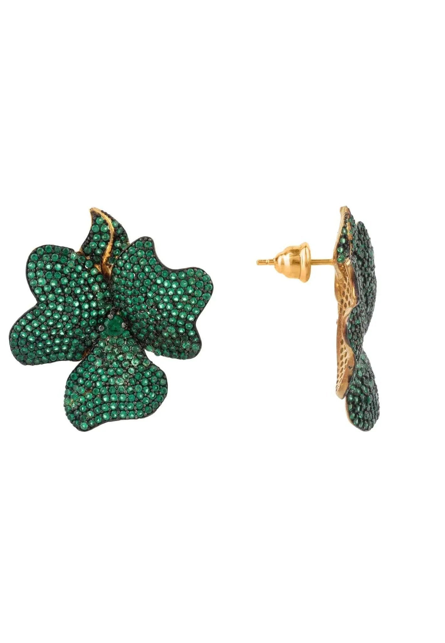 Flower Large Stud Earrings Gold Emerald Green - LATELITA Earrings