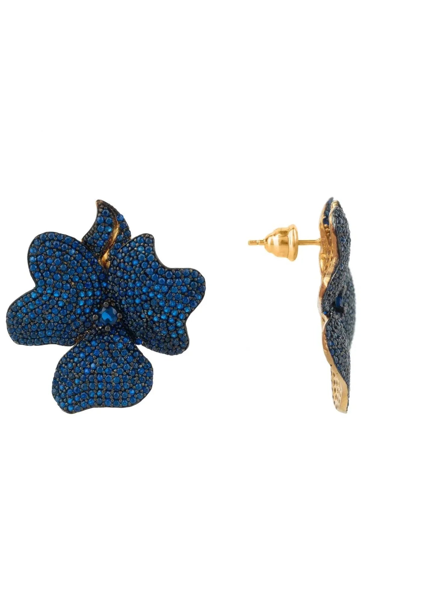 Flower Large Stud Earrings Gold Sapphire Blue - LATELITA Earrings