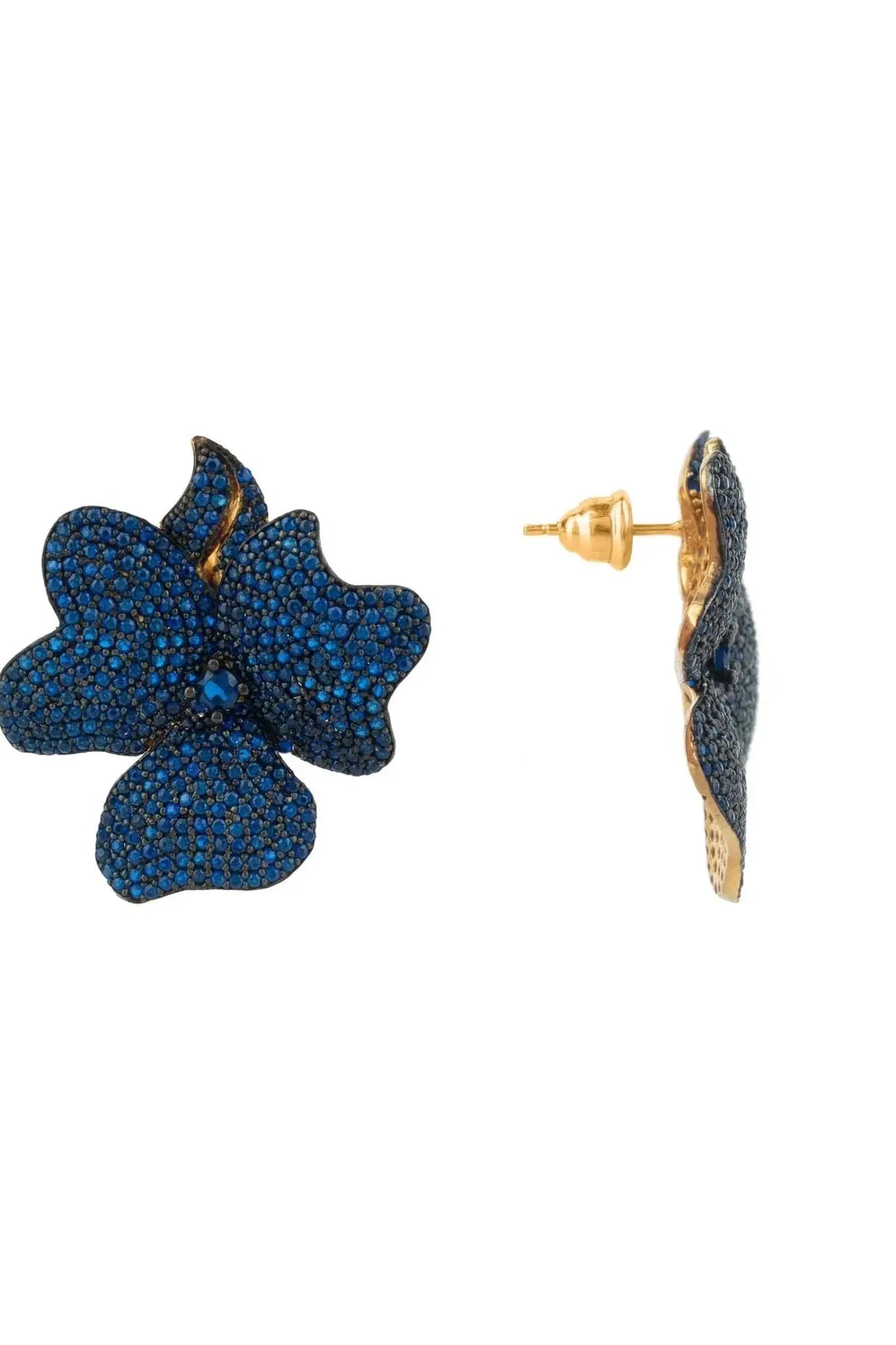 Flower Large Stud Earrings Gold Sapphire Blue - LATELITA Earrings
