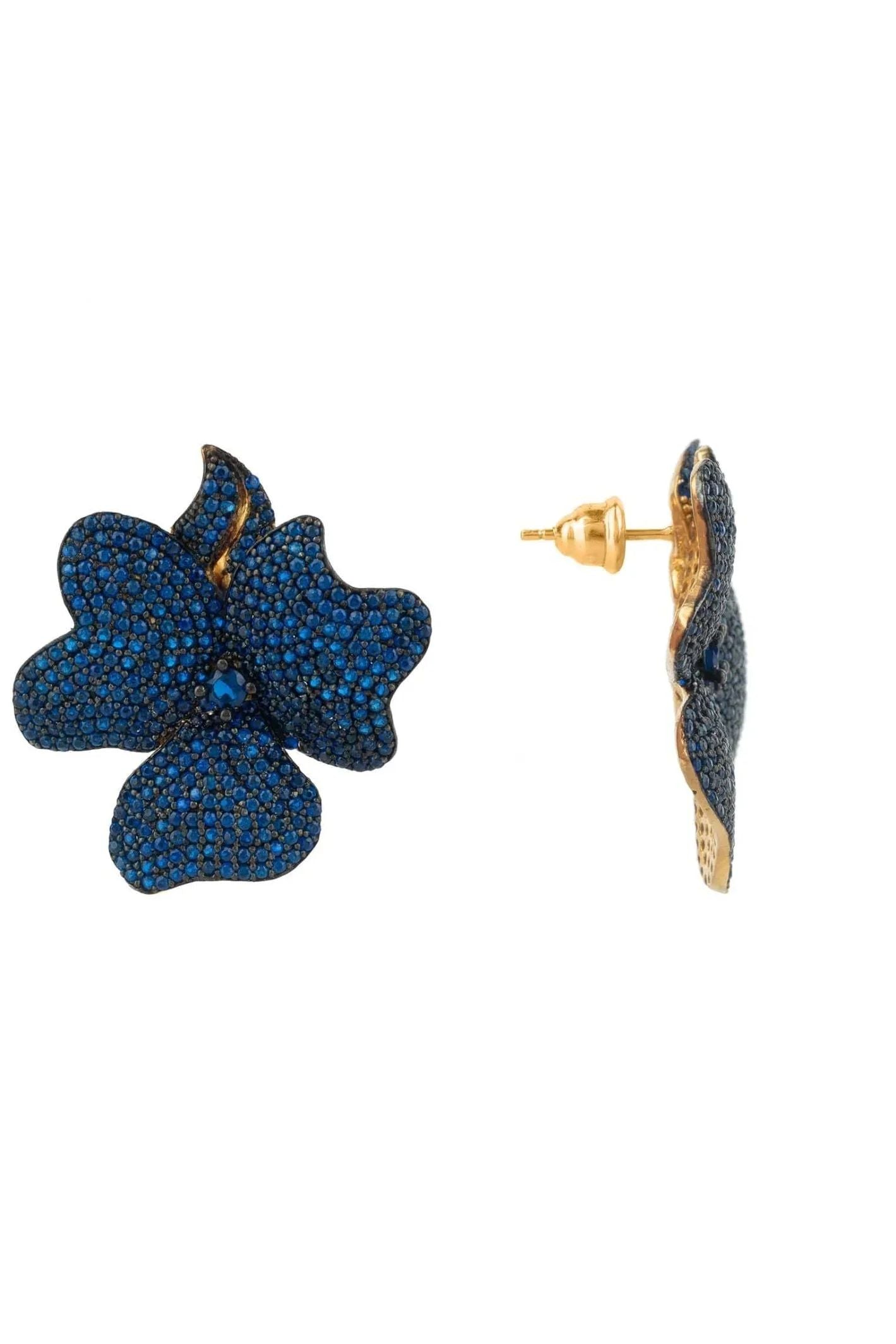 Flower Large Stud Earrings Gold Sapphire Blue - LATELITA Earrings