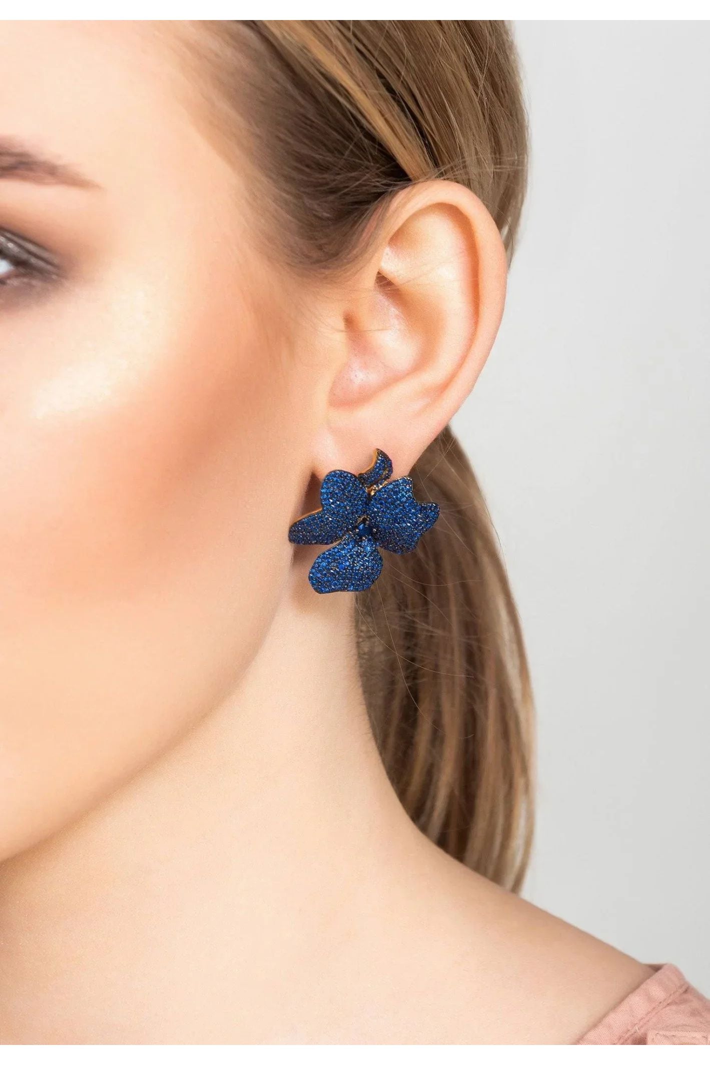 Flower Large Stud Earrings Gold Sapphire Blue - LATELITA Earrings