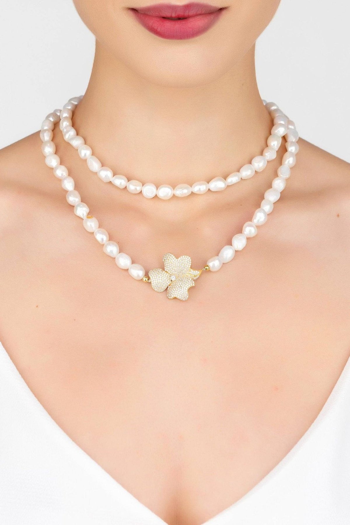 Flower Pearl Gemstone Long Necklace White Cz Gold - LATELITA Necklaces