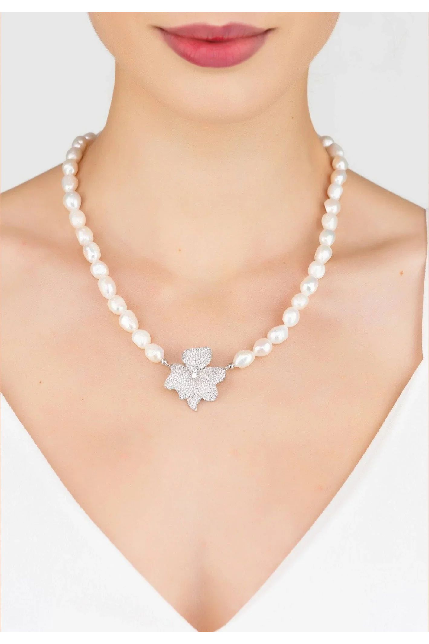 Flower Pearl Mid Length Necklace White Cz Silver - LATELITA Necklaces