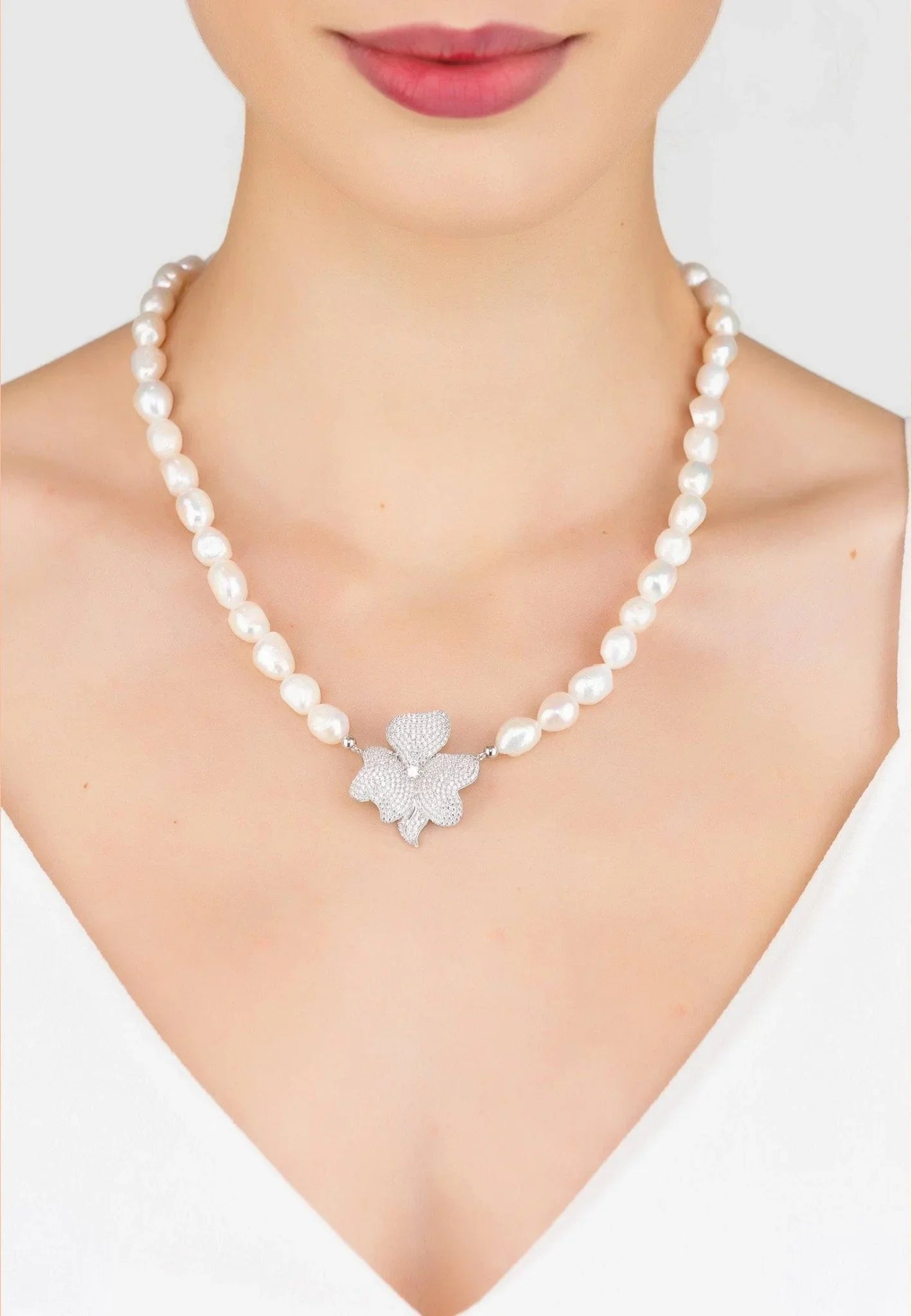 Flower Pearl Mid Length Necklace White Cz Silver - LATELITA Necklaces