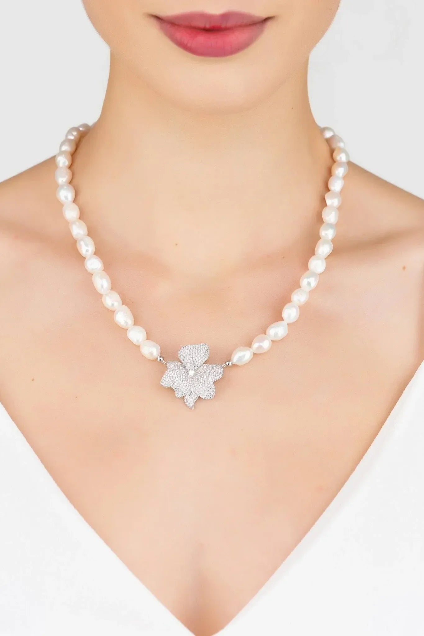 Flower Pearl Mid Length Necklace White Cz Silver - LATELITA Necklaces