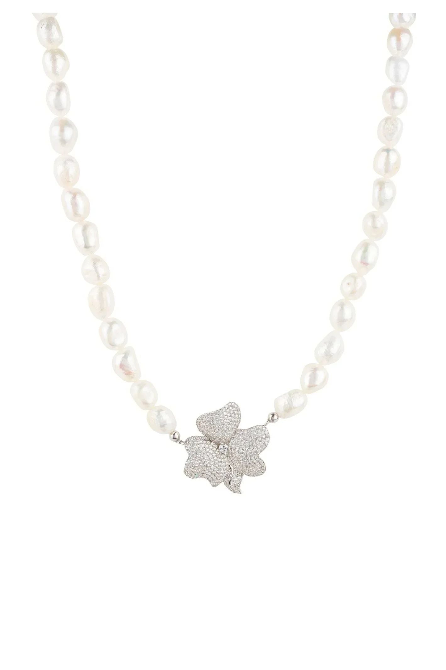 Flower Pearl Mid Length Necklace White Cz Silver - LATELITA Necklaces