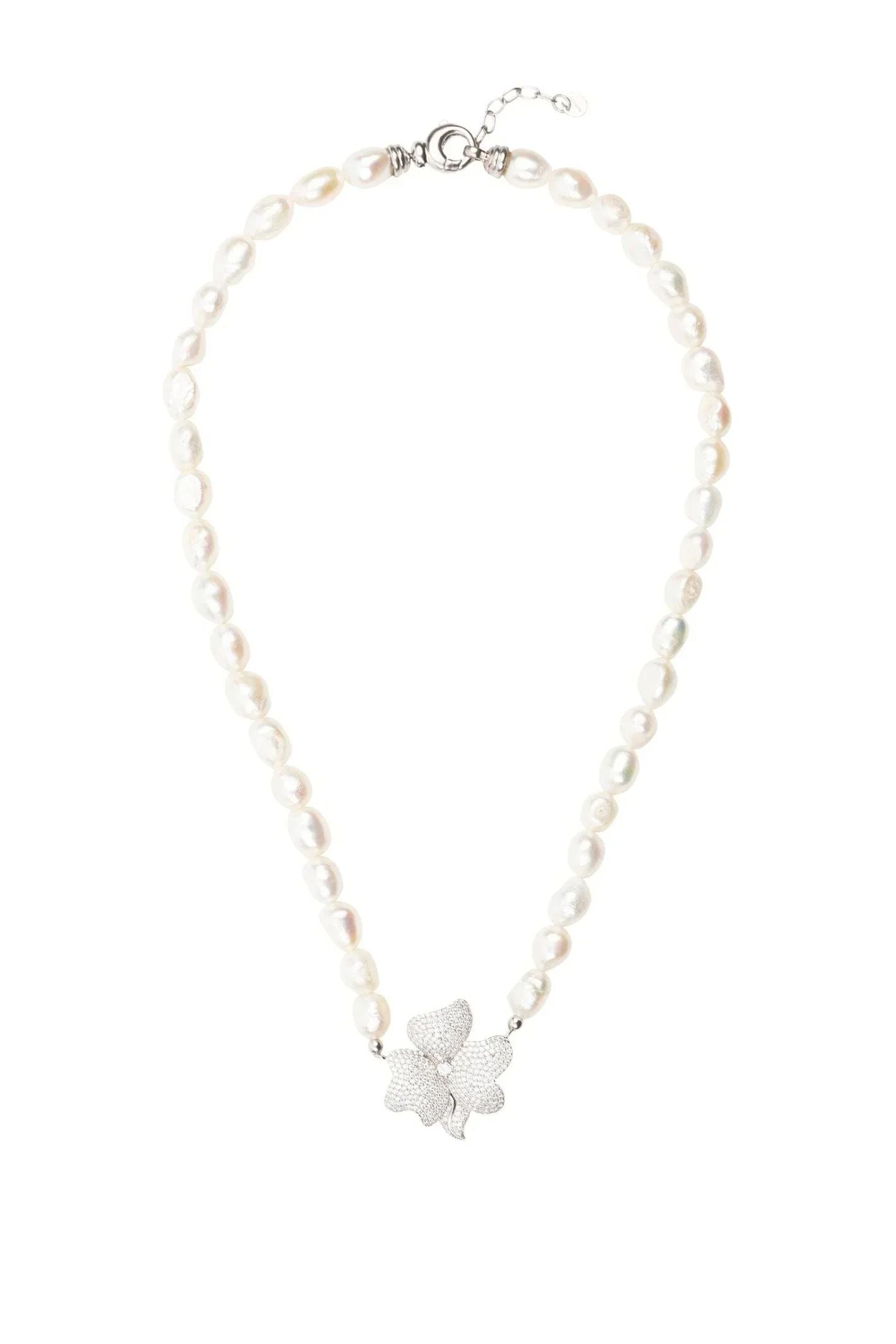 Flower Pearl Mid Length Necklace White Cz Silver - LATELITA Necklaces