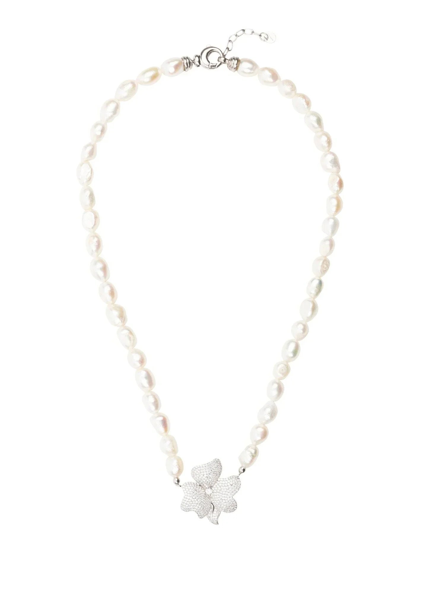 Flower Pearl Mid Length Necklace White Cz Silver - LATELITA Necklaces